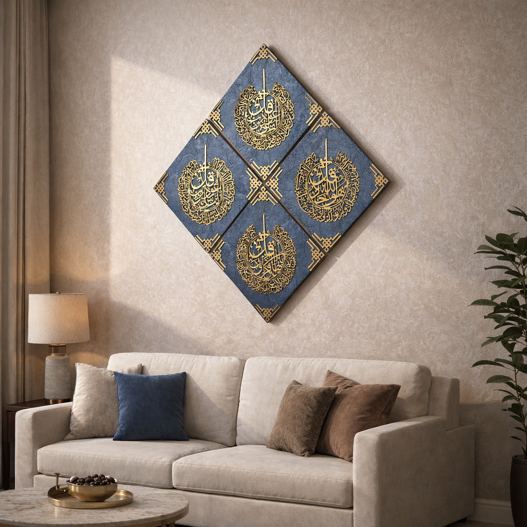 4 Quls Islamic Wall Art Set  | Premium MDF with Turkish Fabric Finish
